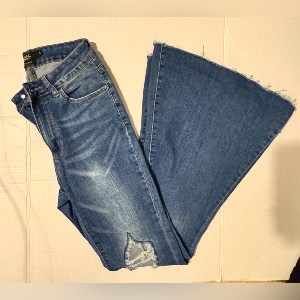Lucky & Blessed Petite Flare Ripped Denim Blue Jeans